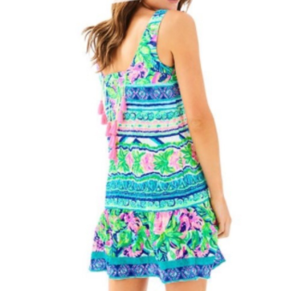 Lilly Pulitzer Pink Green Blue Floral Tassel Back Ruffle Hem Shift Dress Small - Picture 2 of 9
